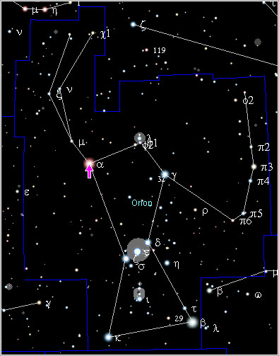 Posición de Betelgeuse en Orión