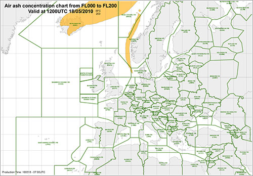 Distribución de las cenizas prevista a las 12:00 UTC