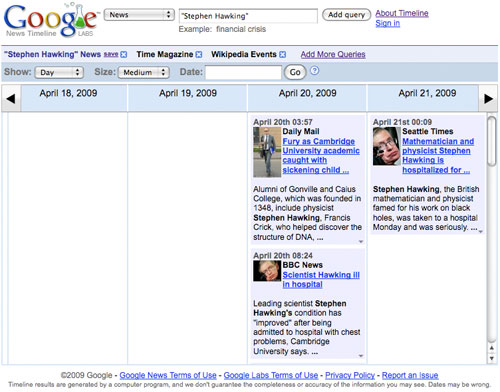 Stephen hawking en Google News Timeline