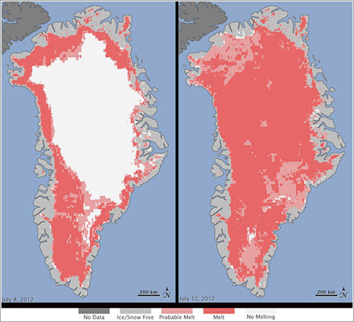 Hielo en Groenlandia - Nicolo E. DiGirolamo, SSAI/NASA GSFC, and Jesse Allen, NASA Earth Observatory