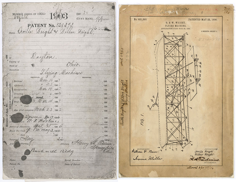 Dos hojas de la patente del avión de los hermanos Wright