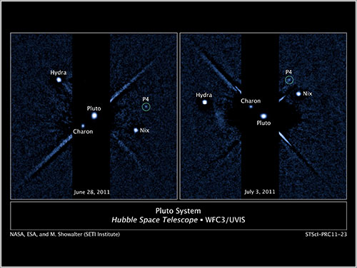 Plutón y P4 - NASA, ESA, y M. Showalter (SETI institute)