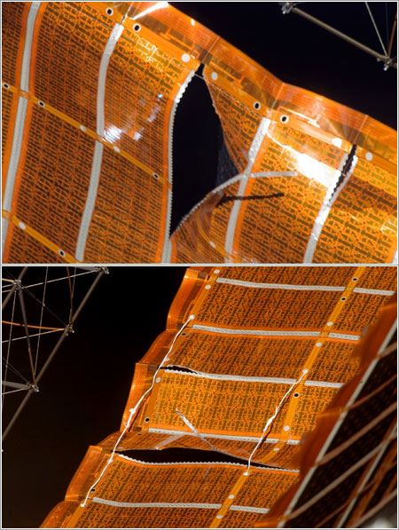 Panel solar antes y después de la reparación / NASA