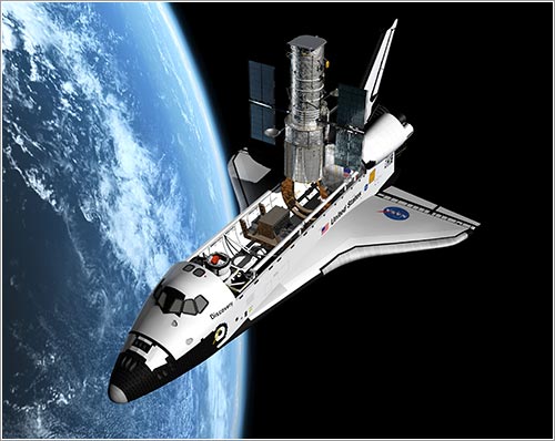 Impresión artística del Atlantis y el Hubble durante la misión - ESA/Hubble