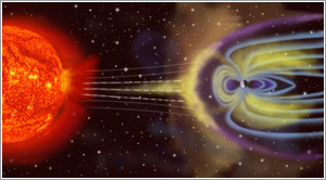 Impresión artística del encuentro del viento solar con la magnetosfera de la Tierra