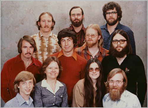 1987. De izquierda a derecha y de arriba a a abjo: Steve Wood, Bob Wallace y Jim Lane. Bob O’Rear, Bob Greenberg, Marc McDonald, y Gordon Letwin. Bill Gates, Andrea Lewis, Marla Wood, y Paul Allen