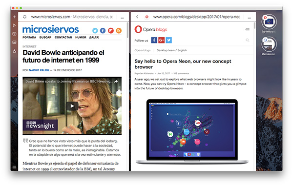 Navegador opera neon pantalla dividida
