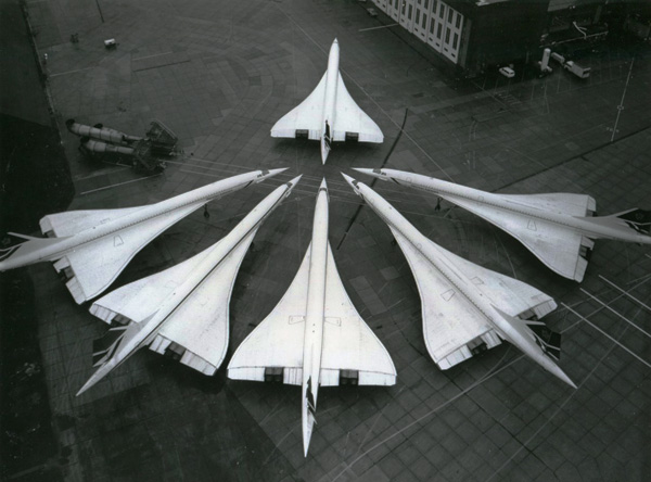 Six concordes parked on tarmac