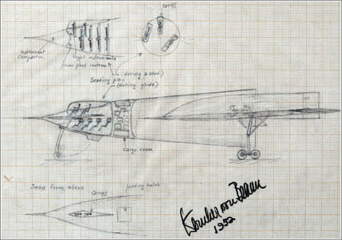 Bocetos de cohetes y naves diseñados por Wernher Von Braun