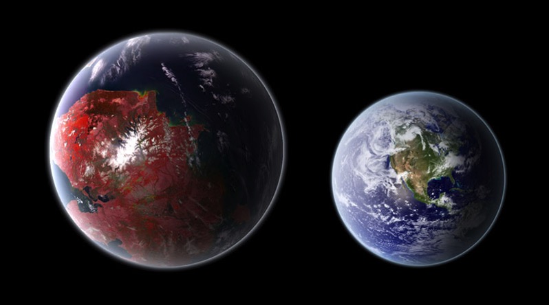 Impresión artística de Kepler–442b junto a la Tierra