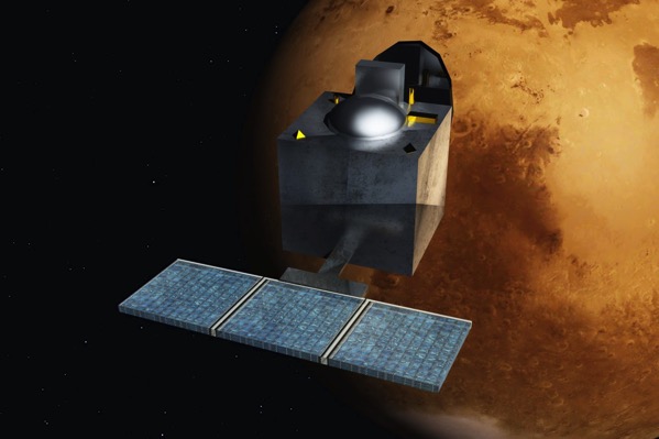 Impresión artística de la sonda en órbita alrededor de Marte. MOM está en primer plano, con su panel solar apuntando hacia quien mira la imagen, y con su base, en la que montaba los instrumentos, apuntando hacia al planeta, que ocupa más o menos la mitad derecha de la imagen contra el negro del espacio en la otra mitad